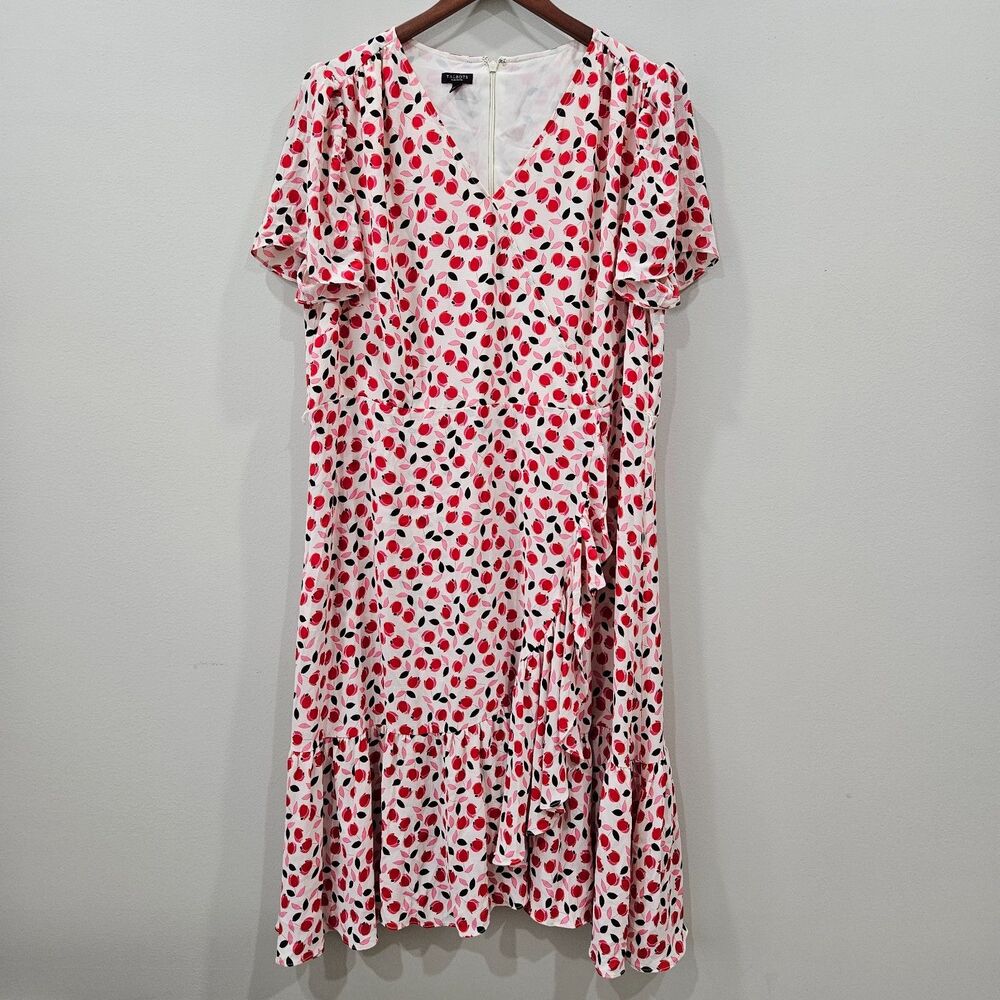Talbots Womens Chiffon Wrap Dress 18WP White Red Ruffled Floral Fairy Bohemian